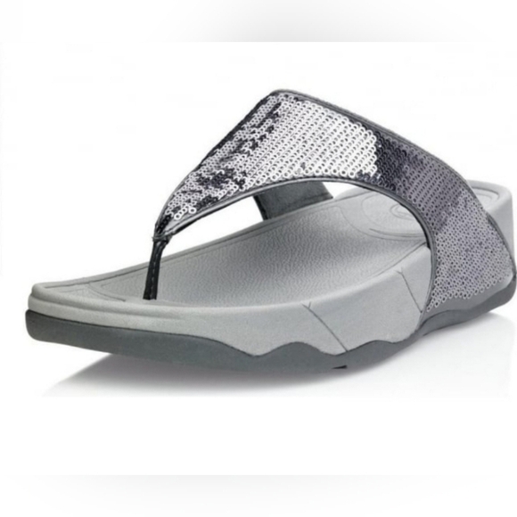 FitFlop Electra Classic Pewter Silver Sequin Thong Platform Flip Flip Sandals 10 - Picture 1 of 9